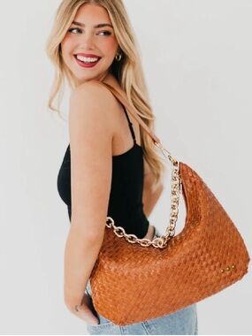 Pretty Simple Sienna Slouchy Woven Shoulder Bag Brown Gold Chain